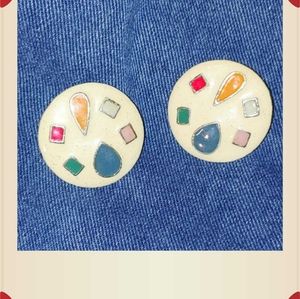 Vintage Geometric Enameled Disco Earrings Pierced
